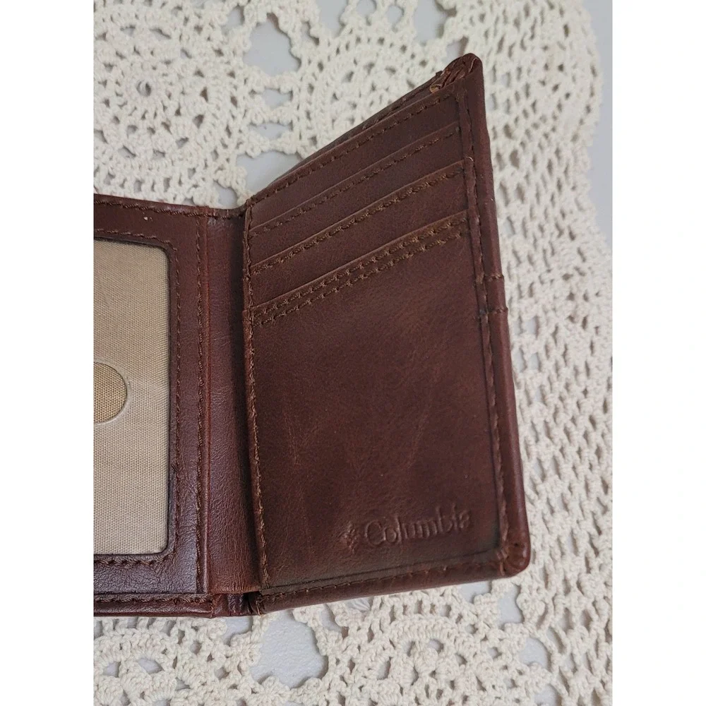 Columbia Mens Trifold Genuine Coated Leather Wallet Brown RFID Security Wallet